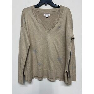 Knox Rose Tan Rhinestone Star Print V Neck Knit Sweater Long Sleeve Size XL